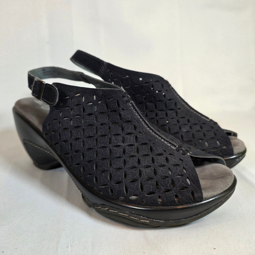 JBU Jambu Monica Black Wedge Sandals Womens 8 M Laser Cut Slingback Adjustable